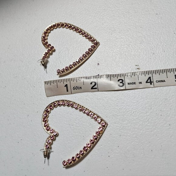 Elegant Heart Shaped Drop Earrings Pink Rhinestone Gold Tone Fashion Jewelry - Picture 4 of 4